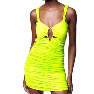 New Zara ruched keyhole bodycon dress in lime neon yellow green size S